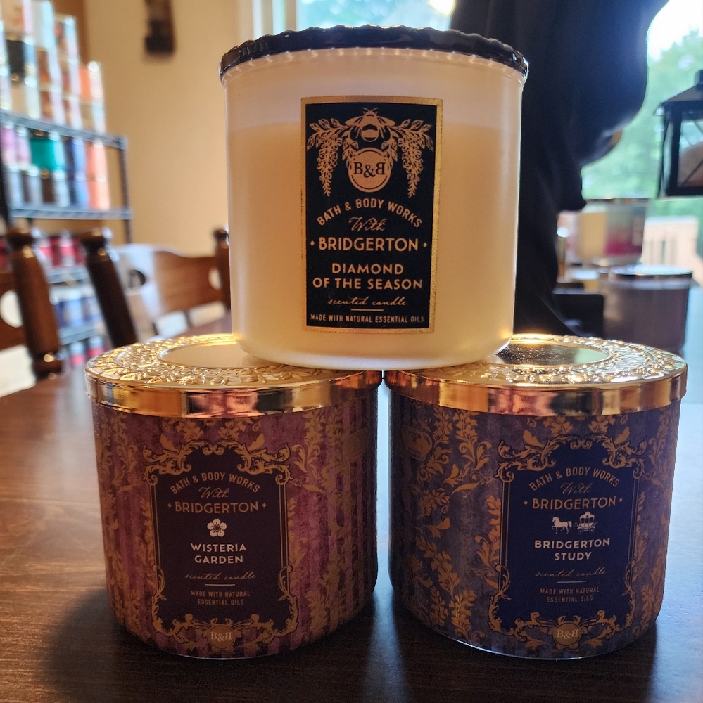 Diamond Of The Season 3 Wick, Bridgerton Study 3 Wick, Wisteria Garden 3 Wick